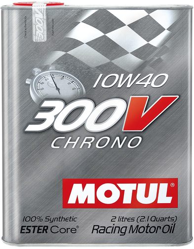 Моторное масло MOTUL 300V Chrono 10W40 синтетическое 2 л Моторное масло MOTUL 300V Chrono 10W40 синтетическое 2 л Моторные масла<br>Моторное масло для автоспорта. 100% синтетическое, произведено по технологии ESTER Core®. Использование: Ралли, GT-чемпионат, шоссейно-кольцевые гонки. Обеспечивает превосходную текучесть масла при низкотемпературных пусках, быстрое нарастание давления масла при высокой температуре, надежная защита при высоких оборотах двигателя. Превосходит существующие спортивные стандарты.<br>