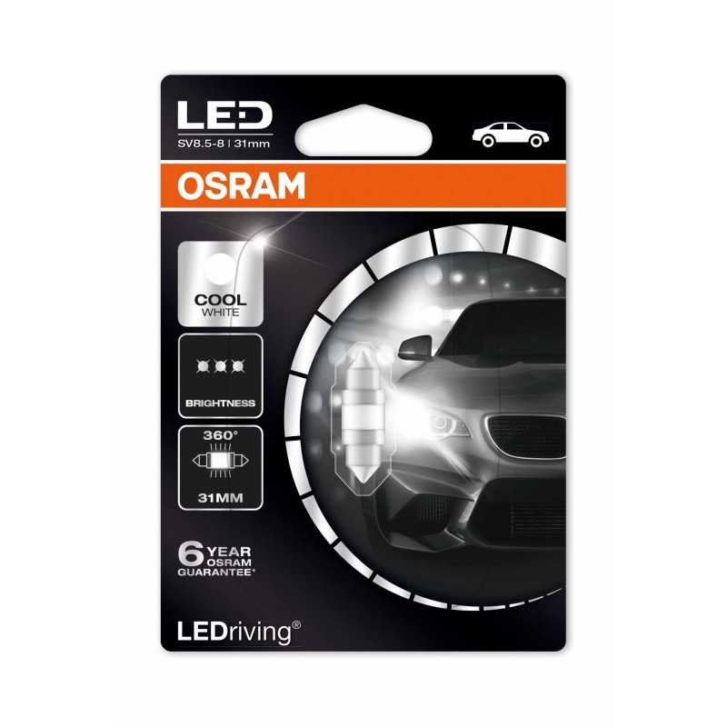 Светодиодная лампа OSRAM LEDriving – Premium C5W 12V 1,3W 6000К белая Светодиодная лампа OSRAM LEDriving – Premium C5W 12V 1,3W 6000К белая Светодиоды<br>Светодиодные лампы компании OSRAM имеют множественное применение как дляосвещения салона автомобиля, так и во внешних световых приборах. Обладают светом с различной цветовой температурой – от 2000 К до 6800 К. Светодиодные лампы готовы к работе сразу после замены штатных ламп автомобиля. Отличаются увеличенным сроком службы, низким энергопотреблением и элегантным исполнением.<br>Преимущества продукта<br>Безупречное распределение света благодаря современному рассеивающему материалу<br>Две различных цветности света для индивидуальной настройки по заказу<br>Не требует техобслуживания благодаря длительному сроку службы (до 5000 ч.)<br>На 80% меньше энергопотребление (по сравнению со стандартными лампами)<br>Простая замена по принципу plug and play<br>Совместимость с основанием обычной лампы трубчатой формы<br>
