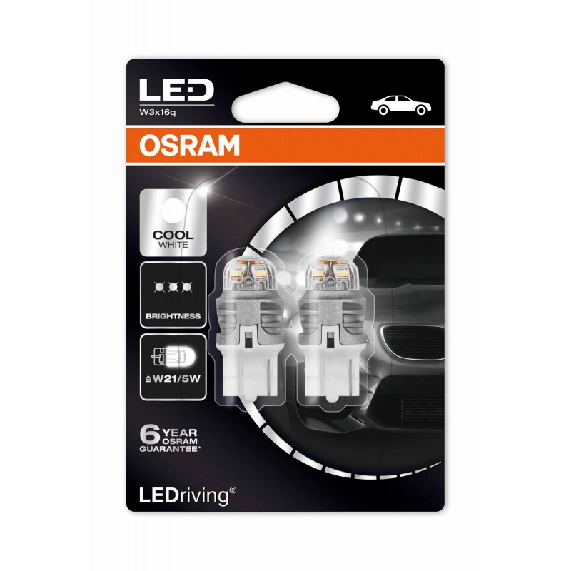 Светодиодная лампа OSRAM LEDriving – Premium W21/5W(T20) 12V 1,5W 6000К белая Светодиодная лампа OSRAM LEDriving – Premium W21/5W(T20) 12V 1,5W 6000К белая Светодиоды<br>Светодиодные лампы компании OSRAM имеют множественное применение как дляосвещения салона автомобиля, так и во внешних световых приборах. Обладают светом с различной цветовой температурой – от 2000 К до 6800 К. Светодиодные лампы готовы к работе сразу после замены штатных ламп автомобиля. Отличаются увеличенным сроком службы, низким энергопотреблением и элегантным исполнением.<br>Преимущества продукта<br>Безупречное распределение света благодаря современному рассеивающему материалу<br>Две различных цветности света для индивидуальной настройки по заказу<br>Не требует техобслуживания благодаря длительному сроку службы (до 5000 ч.)<br>На 80% меньше энергопотребление (по сравнению со стандартными лампами)<br>Простая замена по принципу plug and play<br>Совместимость с основанием обычной лампы трубчатой формы<br>