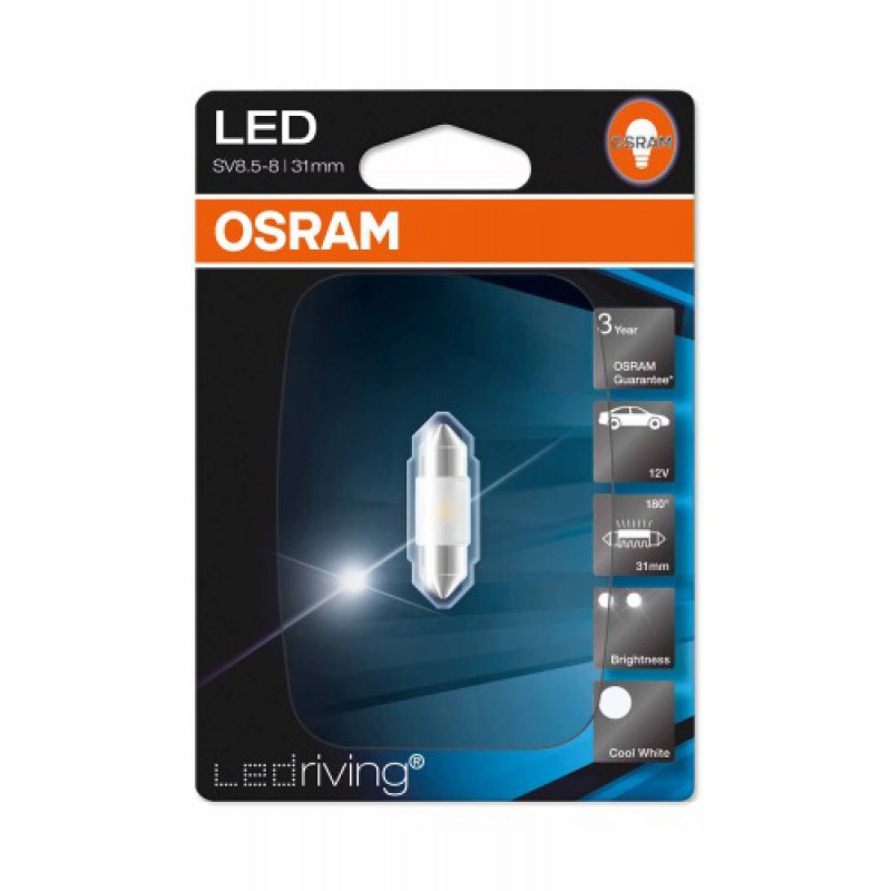 Светодиодная лампа OSRAM LEDriving – Standard C5W 12V 0,5W 6700К белая Светодиодная лампа OSRAM LEDriving – Standard C5W 12V 0,5W 6700К белая Светодиоды<br>Светодиодные лампы от OSRAM семейства Standard – это выбор покупателей, увлеченных тюнингом и заинтересованных в улучшении внешнего вида автомобиля и в использовании качественных светодиодных решений, имеющих разумное сочетание цены и качества.<br>Преимущества продукта<br>Два варианта цвета для каждого типа лампы: 6000 К и 6700 К<br>Однородный свет по всем направлениям<br>Длительный срок службы (Тс): более 2000 ч. (или три года эксплуатации)<br>Простая установка plug&play<br>