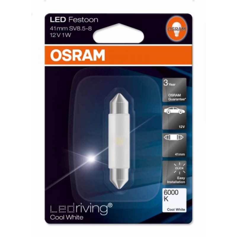 Светодиодная лампа OSRAM LEDriving – Standard C5W 12V 0,5W 6000К белая Светодиодная лампа OSRAM LEDriving – Standard C5W 12V 0,5W 6000К белая Светодиоды<br>Светодиодные лампы от OSRAM семейства Standard – это выбор покупателей, увлеченных тюнингом и заинтересованных в улучшении внешнего вида автомобиля и в использовании качественных светодиодных решений, имеющих разумное сочетание цены и качества.<br>Преимущества продукта<br>Два варианта цвета для каждого типа лампы: 6000 К и 6700 К<br>Однородный свет по всем направлениям<br>Длительный срок службы (Тс): более 2000 ч. (или три года эксплуатации)<br>Простая установка plug&play<br>