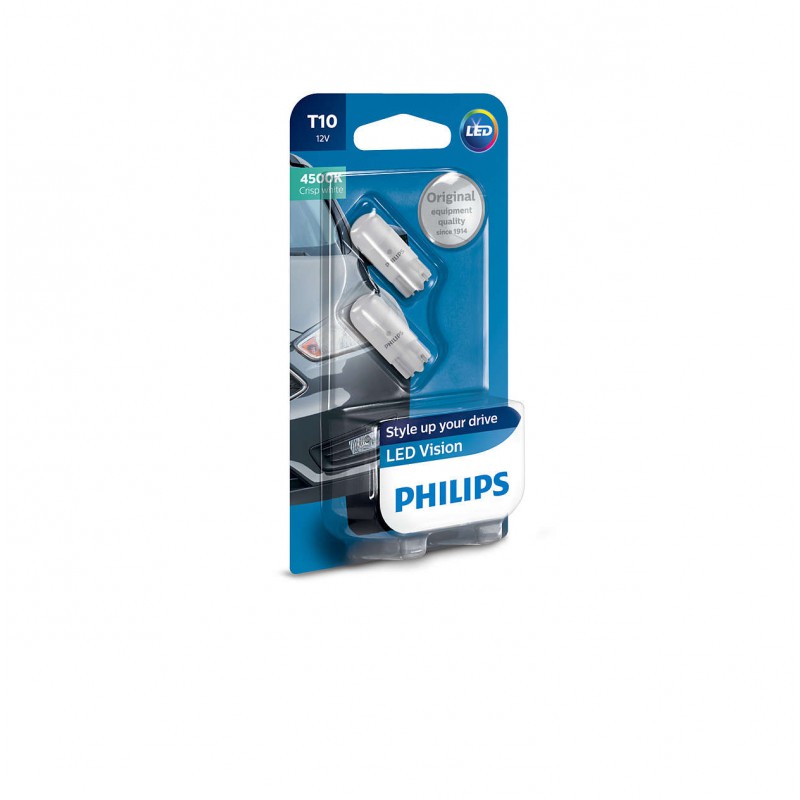 Светодиодная лампа Philips LED Vision T10 12V W 4000К белая Светодиодная лампа Philips LED Vision T10 12V W 4000К белая Светодиоды<br>Яркие и долговечные лампы для неповторимого стиля вашего автомобиля. Чистый белый свет (4500 K) светодиодных ламп Philips T10 придаст стильный вид вашему автомобилю. Усовершенствованный цоколь обеспечивает удобство установки — впечатляющее светодиодное решение. Сверхдолгий срок службы и великолепное качество.<br>Ультраяркие светодиоды для придания уникального стиля на дороге<br>4500 К, чистый белый свет<br>Светодиодное решение 45 лм<br>Превосходное распределение света<br>Равномерное освещение 360°<br>Долговечная светодиодная лампа<br>Оптимальное терморегулирование<br>Непревзойденная прочность, надежность и безопасность<br>