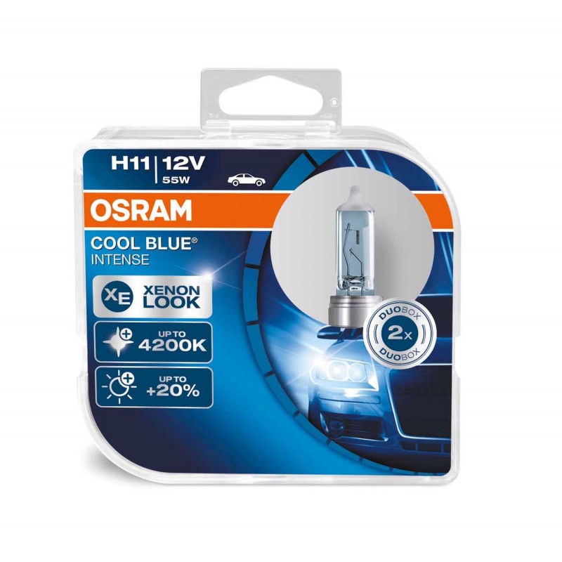 Галогенная лампа OSRAM COOL BLUE INTENSE H11 12V 55W 4200К Галогенная лампа OSRAM COOL BLUE INTENSE H11 12V 55W 4200К Галоген<br>Лампа OSRAM COOL BLUE INTENSE освещает дорогу модным бело-голубоватым светом и производит такое же впечатление, что и свет стандартных ксеноновых ламп.<br>Современный, яркий бело-голубоватый свет (до 4200 К, близкий к свету ксеноновых ламп)<br>Высококонтрастное освещение дороги<br>Оптимизированный дизайн с серебряным куполом (H4/H7/H11/HB4) идеально подходит для использования в фарах с прозрачными стеклами<br>Стильный вид для ориентированных на дизайн водителей<br>
