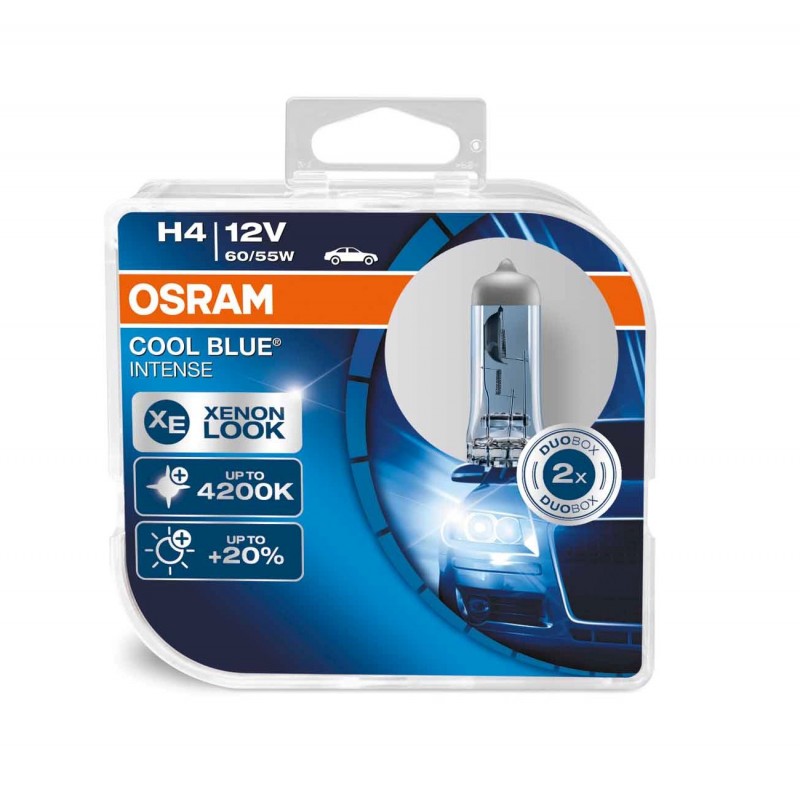 Галогенная лампа OSRAM COOL BLUE INTENSE H4 12V 60W 4200К Галогенная лампа OSRAM COOL BLUE INTENSE H4 12V 60W 4200К Галоген<br>Лампа OSRAM COOL BLUE INTENSE освещает дорогу модным бело-голубоватым светом и производит такое же впечатление, что и свет стандартных ксеноновых ламп.<br>Современный, яркий бело-голубоватый свет (до 4200 К, близкий к свету ксеноновых ламп)<br>Высококонтрастное освещение дороги<br>Оптимизированный дизайн с серебряным куполом (H4/H7/H11/HB4) идеально подходит для использования в фарах с прозрачными стеклами<br>Стильный вид для ориентированных на дизайн водителей<br>