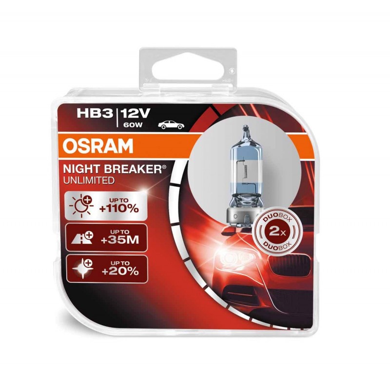 Галогенная лампа OSRAM NIGHT BREAKER UNLIMITED HB3 12V 60W 3800K Галогенная лампа OSRAM NIGHT BREAKER UNLIMITED HB3 12V 60W 3800K Галоген<br>Лампы NIGHT BREAKER UNLIMITED задают новые стандарты производительности. До 110 % более яркий свет, световой конус до 40 метров более длинный и до 20 % более интенсивный белый свет в сравнении со стандартными галогенными лампами compared – идеальная предпосылка для большей безопасности и меньшей усталости во время вождения. Благодаря усовершенствованным характеристикам передние фары NIGHT BREAKER UNLIMITED обеспечивают лучшую видимость и значительно больше времени на реагирование. Для всех, кто стремится к наибольшей безопасности при вождении в темное время суток.<br>