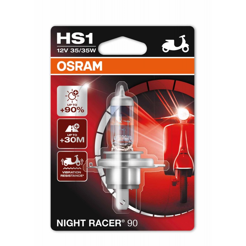 Галогенная лампа OSRAM NIGHT RACER HS1 12V 35W 3700К Галогенная лампа OSRAM NIGHT RACER HS1 12V 35W 3700К Галоген<br>OSRAM NIGHT RACER® – лампа для тех, кто выбирает лучшее для своего мотоцикла: высокая светоотдача и стильный белый<br>свет делают эту лампу незаменимым помощником в пути. Все лампы OSRAM NIGHT RACER® выдержали особый тест на повышенную вибростойкость, имитирующий различные условия эксплуатации<br>Повышенная вибростойкость<br>На 50-110% больше света на дороге<br>На 20-40 м длиннее световой конус<br>На 20% белее свет<br>Привлекательный дизайн с двойным кольцевым светофильтром и серебристым колпачком<br>Также в двойном блистере со шлемом для запасной лампочки<br>
