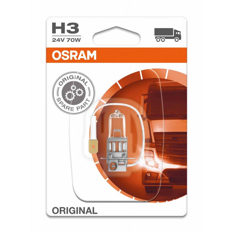 Галогенная лампа OSRAM ORIGINAL LINE H3 12V 70W 3200К Галогенная лампа OSRAM ORIGINAL LINE H3 12V 70W 3200К Галоген<br>OSRAM предлагает водителям грузовых автомобилей и руководителям автопарков широкий ассортимент высокопроизводительных ламп для грузовиков. При этом любые световые решения не только соответствуют высочайшим требованиям к качеству, предъявляемым производителями грузовых автомобилей, и предлагают качество изготовителя комплектного оборудования, но и превосходят требования европейских стандартов. Каждое изделие ORIGINAL LINE сочетает в себе высочайшее качество и впечатляющую яркость, длительный срок службы, а также превосходное соотношение цена-качество.<br>