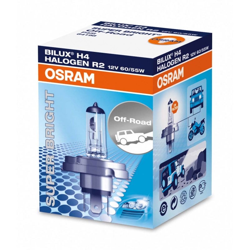 Лампа накаливания OSRAM SUPER BRIGHT R2 12V 60/55W белая Лампа накаливания OSRAM SUPER BRIGHT R2 12V 60/55W белая Лампы накаливания<br>Основные преимущества ламп OSRAM SUPER BRIGHT/PREMIUM<br><br>Надежные и универсальные<br>Широкое применение: спасательные службы<br>Cтроительные и транспортные работы, сельское и лесное хозяйство<br>SUPER BRIGHT PREMIUM: линейка продукции содержит все стандартные цоколи<br>SUPER BRIGHT: линейка продукции с цоколями специального типа<br>