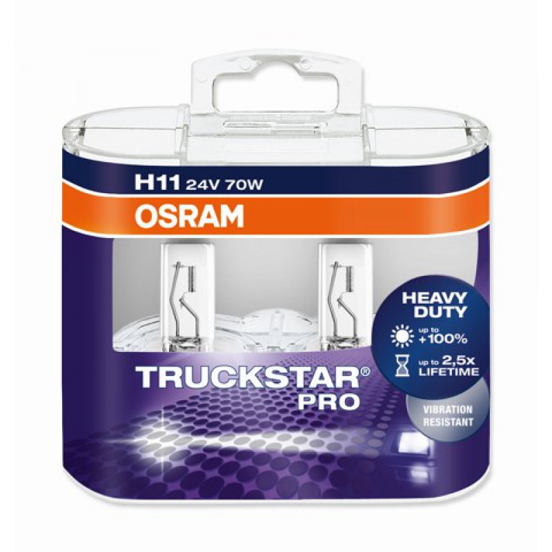Галогенная лампа OSRAM TRUCKSTAR PRO H11 12V 70W 3200K Галогенная лампа OSRAM TRUCKSTAR PRO H11 12V 70W 3200K Галоген<br>Лампы OSRAM TRUCKSTAR® PRO во много раз превосходят стандартные 24-вольтные лампы и обеспечивают оптимальный обзор наиболее важных участков дороги. Сверхпродолжительный срок службы и вибростойкая конструкция позволяют сэкономить на замене ламп и времени простоя автомобиля в текущем ремонте.<br>