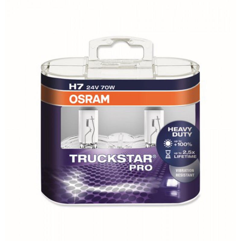 Галогенная лампа OSRAM TRUCKSTAR PRO H7 12V 70W 3200K Галогенная лампа OSRAM TRUCKSTAR PRO H7 12V 70W 3200K Галоген<br>Лампы OSRAM TRUCKSTAR® PRO во много раз превосходят стандартные 24-вольтные лампы и обеспечивают оптимальный обзор наиболее важных участков дороги. Сверхпродолжительный срок службы и вибростойкая конструкция позволяют сэкономить на замене ламп и времени простоя автомобиля в текущем ремонте.<br>