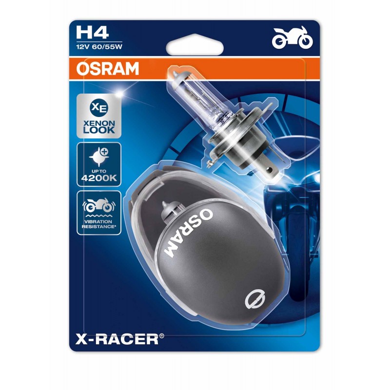 Галогенная лампа OSRAM X-RACER H4 12V 60W 4000К Галогенная лампа OSRAM X-RACER H4 12V 60W 4000К Галоген<br>OSRAM X-RACER® отличается рядом характеристик: голубой ксеноновый свет, большая яркость и работа без бликов. Протестированная в реальных условиях.<br>Великолепный вид и поразительные особенности:<br>Вибростойкие<br>Сине-белый ксеноновый свет<br>Цветовая температура до 4200 К<br>на 20 % больше света<br>Яркое, удобное освещение для водителей<br>Современный дизайн с серебристым цоколем<br>Также в двойной блистерной упаковке с «шлемом» для запасной лампы<br>
