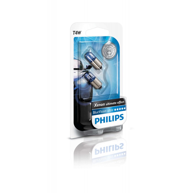 Лампа накаливания PHILIPS BLUE VISION ULTRA T4W 12V 4W 3400Кбелая Лампа накаливания PHILIPS BLUE VISION ULTRA T4W 12V 4W 3400Кбелая Лампы накаливания<br>Лампа BlueVision ultra создает эффект голубого ксенонового света за счет уникальной технологии Gradient Coating™, которая идеально подходит для автомобильных световых приборов и полностью соответствует требованиям законодательства.<br>Лучший эффект голубого ксенонового света среди галогенных ламп<br>Стильный эффект голубого ксенонового света (4000 K)<br>В лампе BlueVision ultra используется технология Gradient Coating™<br>2 сигнальные светодиодные лампы W5W в наборе с лампой BlueVision ultra<br>Широкий выбор ламп 12 В для всех вариантов использования<br>В целях безопасности заменяйте лампы обеих фар одновременно<br>