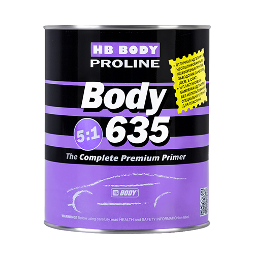 Грунт BODY PROLINE 635 5:1 белый 0,8л Грунт BODY PROLINE 635 5:1 белый 0,8л Грунтовки<br>Двухкомпонентный акриловый грунт с отличными выравнивающими свойствами. Благодаря повышенной вертикальной устойчивости легко наносится слоями средней и большой толщины. Обладает высоким содержанием сухого остатка. Может наносится на все типы отшлифованного металла, первичные грунты HB BODY, старое отшлифованное ЛКП и OEM-покрытие. Высыхает в течении 2.5-3 часов при 23С или 30 мин при 60С. Образует гладкую поверхность и легко шлифуется.<br><br>* При нанесении на пластик предварительно используйте праймер BODY 340 и добавьте к грунту 5% эластификатора BODY 803.<br>
