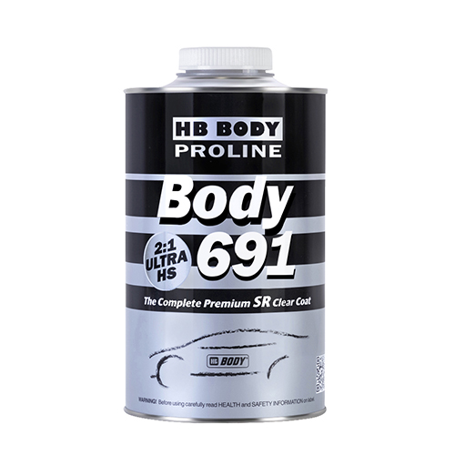 Лак BODY PROLINE 691 2:1 UHS SR 1л Лак BODY PROLINE 691 2:1 UHS SR 1л Лаки<br>Кристально прозрачный высокоглнцевый лак, относщийс к 2К-акриловой системе. Благодар высокому содержани сухого остатка, прекрасной растекаемости, быстрой полимеризации и великолепному блеску продукт можно применть как дл полной, так и дл частичной окраски. Обладает высокой плотность и, как следствие, влетс более кономичным продуктом, чем обычные лаки. Используетс с отвердителми BODY 724 (стандартный) или BODY 723 (быстрый) в соотношении смеси 2:1.<br>