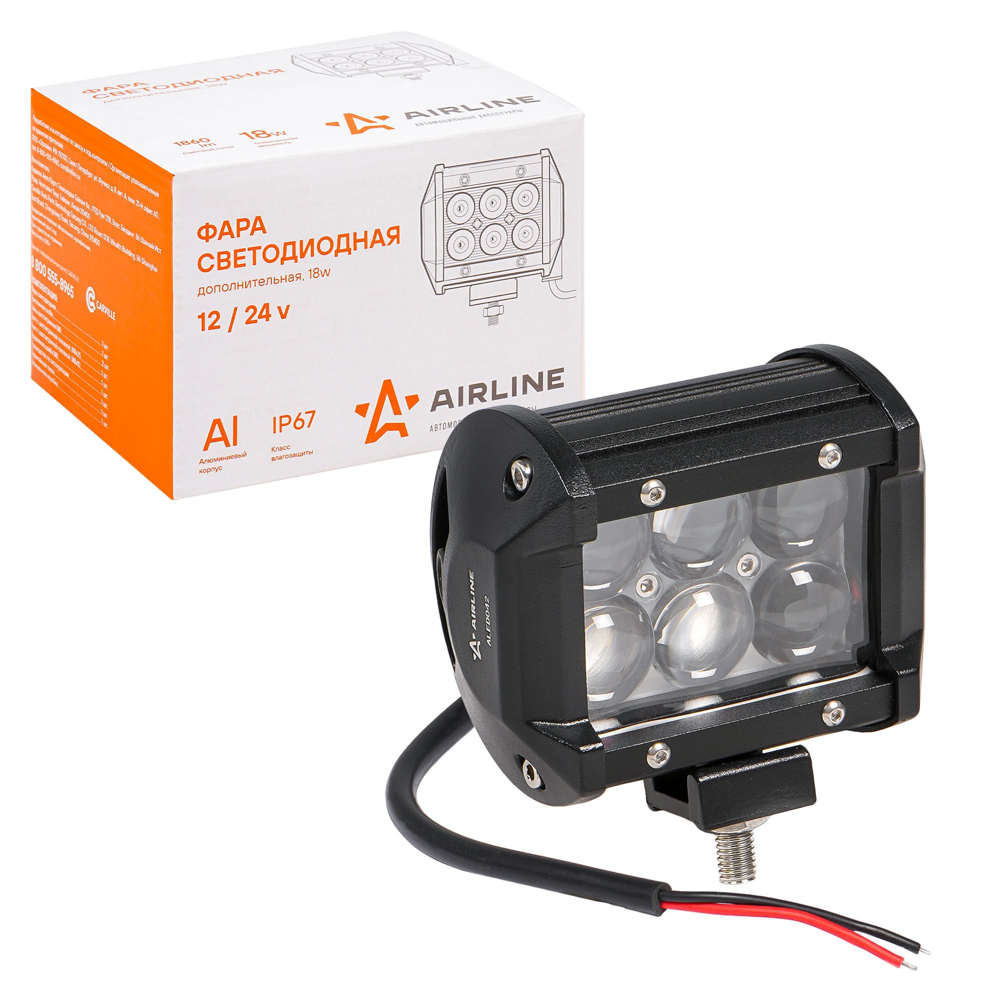 

Фара светодиодная балка двухрядная 18W 98x78x65 6 LED 4D линза 12/24V (AIRLINE)
