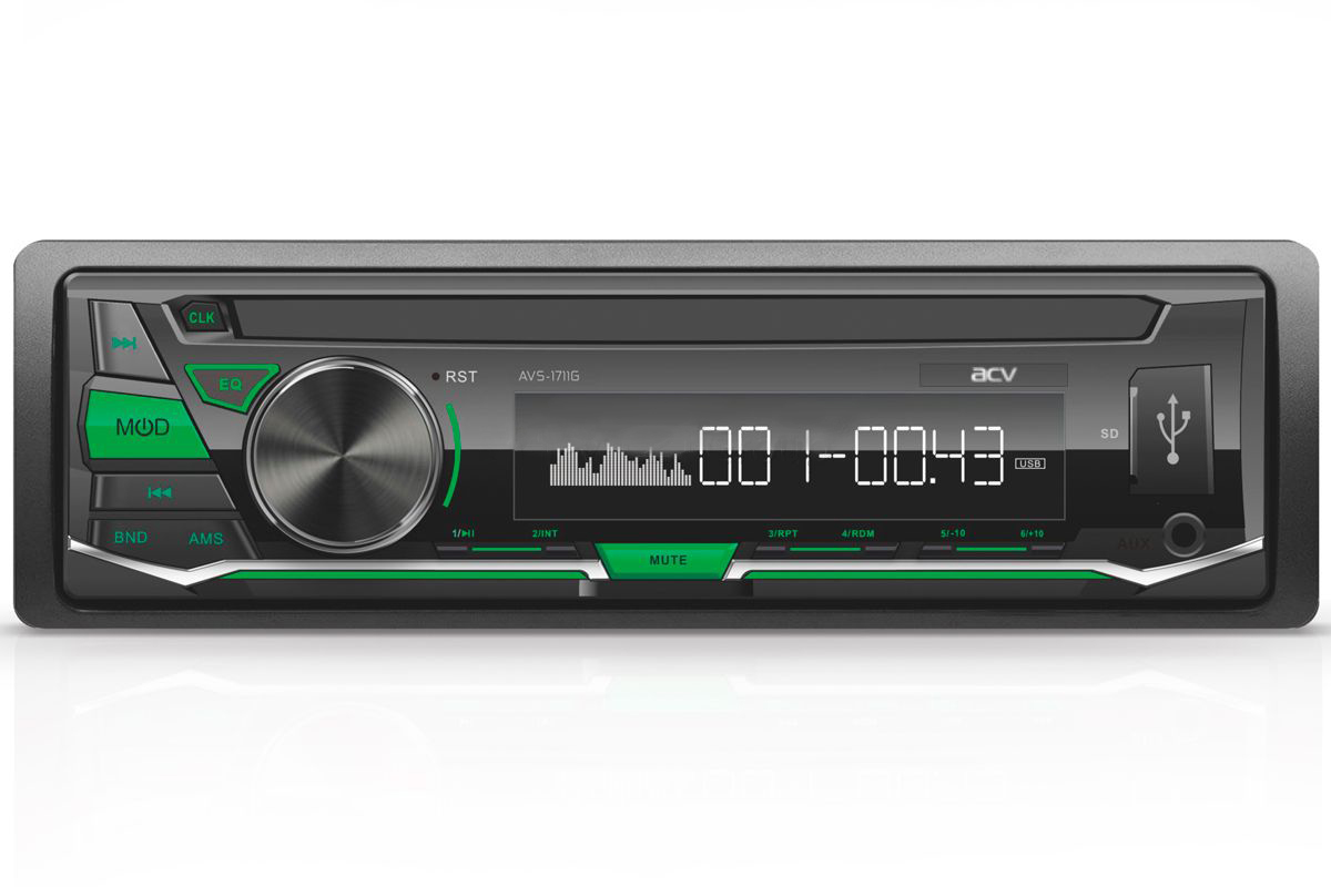 

Автомагнитола 1DIN. ACV AVS-1711G 1DIN./зеленая/USB/SD/FM/4x45